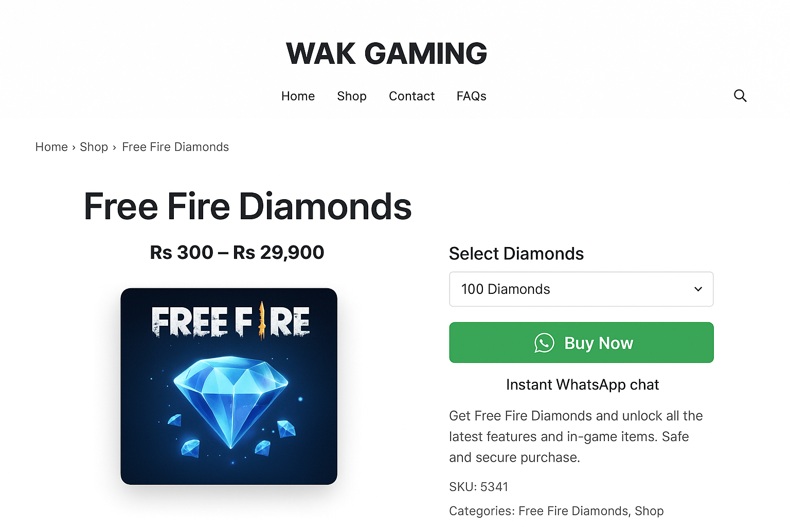 WooButton on Free Fire Diamonds product page preview